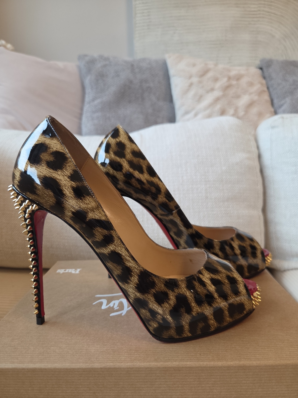 Christian Louboutin Leopard Patent Peep-Toe Pumps with Spiked Heel
